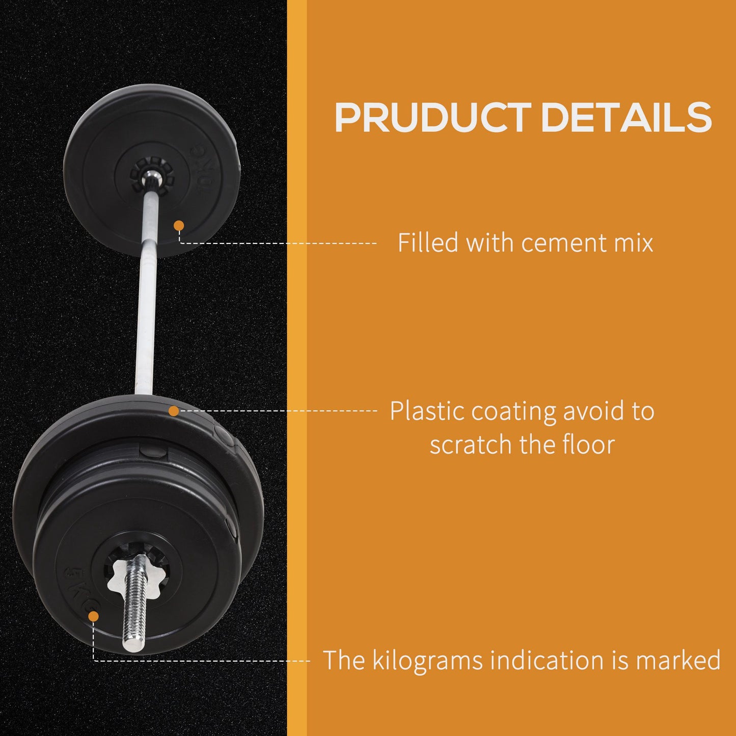 65kg Adjustable Barbell Weights Set, 2 in 1 Dumbbells and Barbell Set w/ Knurled Bar, Free Weights Training Equipment for Gym | HOMCOM-5