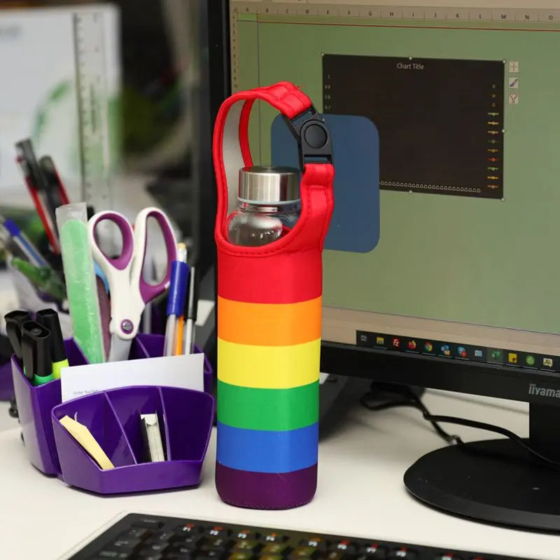 Rainbow Reusable Glass Water Bottle with Protective Sleeve-2