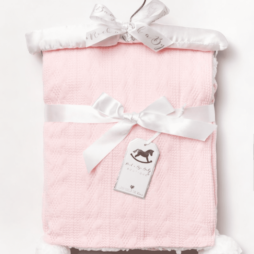 Pink Baby Knitted Wrap with Fleece Back and Fluffy Pom Poms