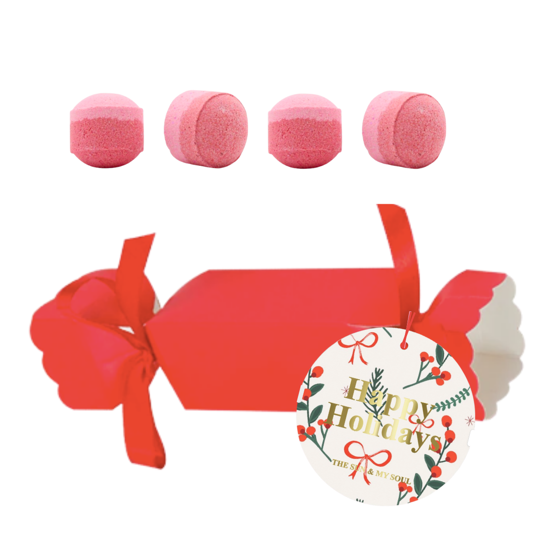 Happy Holidays Christmas Cracker – Mini Bath Bomb Gift Set (Raspberry Scented)