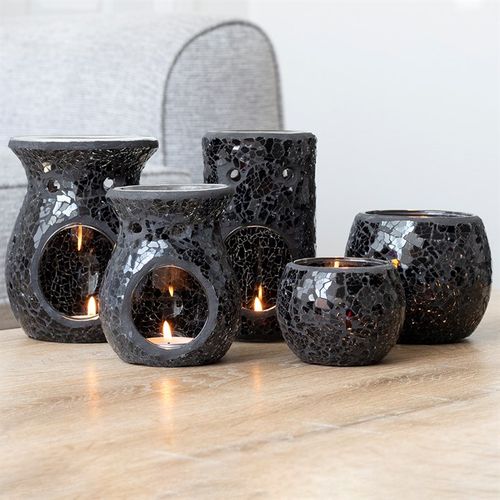Black Crackle Glass Pillar Oil Burner and Wax Warmer - Tiodhlac Studio