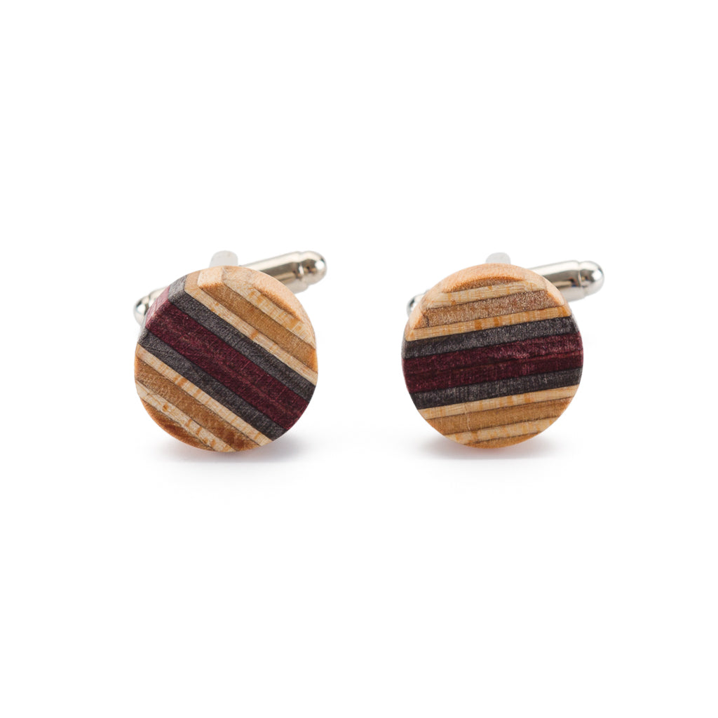 Recycled Skateboard Wooden Round Cufflinks-1