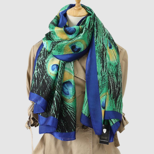 Vibrant Peacock Feather Satin Scarf