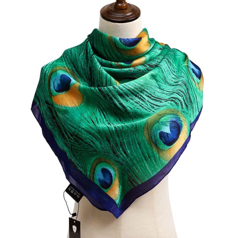 Vibrant Peacock Feather Satin Scarf