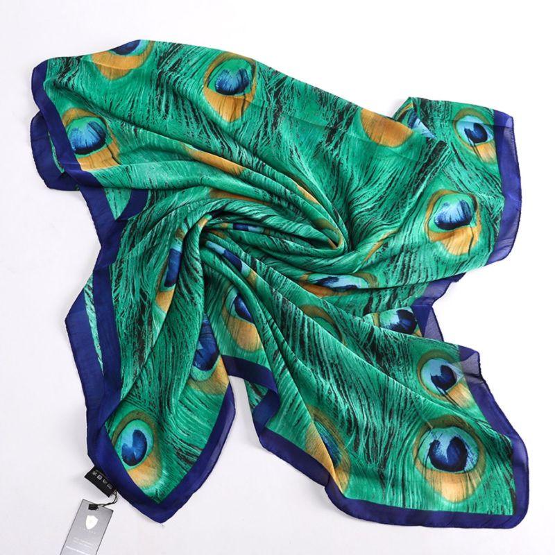 Vibrant Peacock Feather Satin Scarf