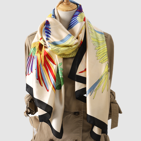 Satin Scarf with Colourful Parrot Print