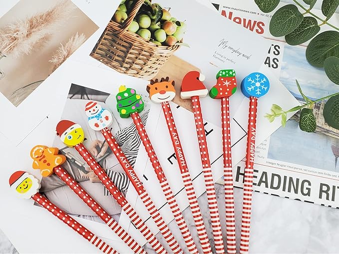 Wooden Pencils with Christmas Themed Erasers