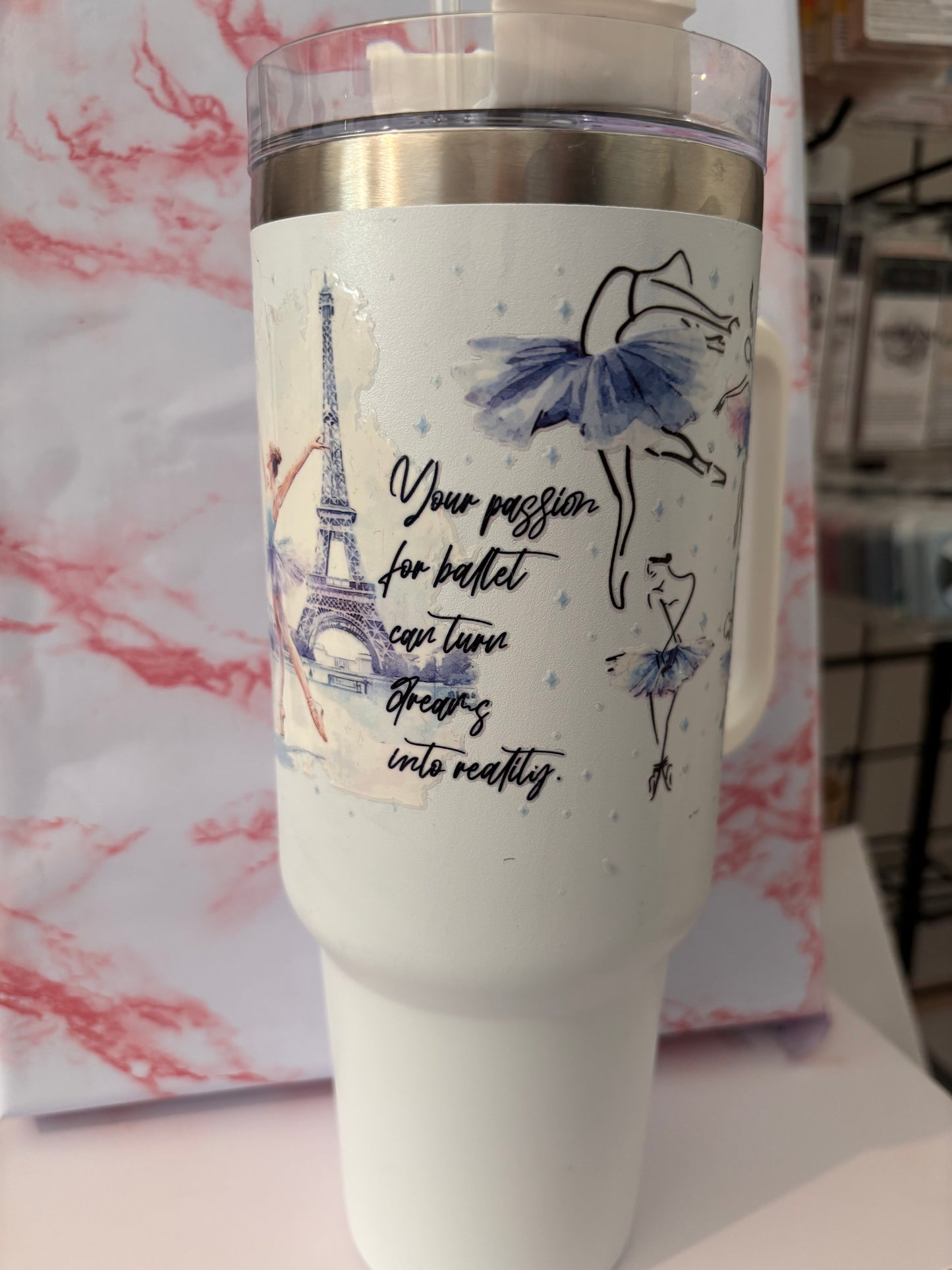 Reusable stainless steel travel cup with dancer decal