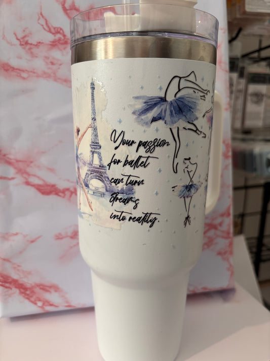 Reusable stainless steel travel cup with dancer decal