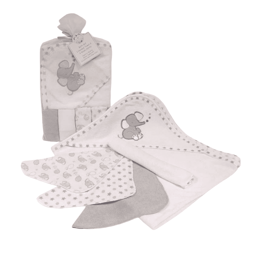 Soft Baby White and Grey Hooded Towel and Wash Cloth Set