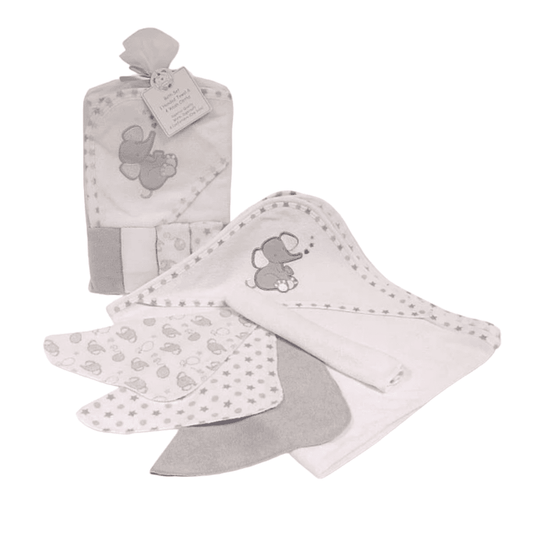 Soft Baby White and Grey Hooded Towel and Wash Cloth Set