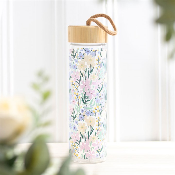 Ditsy Floral Print|Glass and Bamboo Water Bottle - Tiodhlac Studio