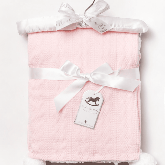 Pink Baby Knitted Wrap with Fleece Back and Fluffy Pom Poms