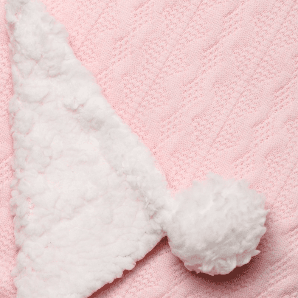 Pink Baby Knitted Wrap with Fleece Back and Fluffy Pom Poms