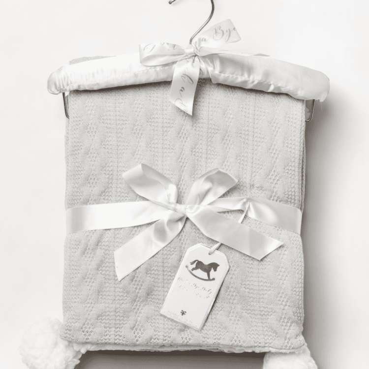 Grey Cable Knit Blanket with Plush Fleece and Pom Poms