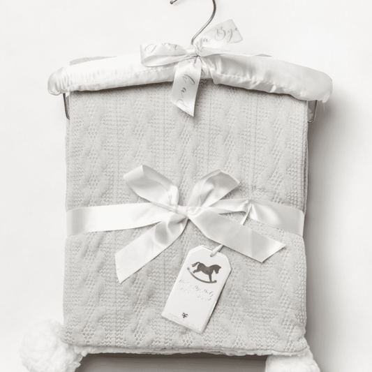 Grey Cable Knit Blanket with Plush Fleece and Pom Poms