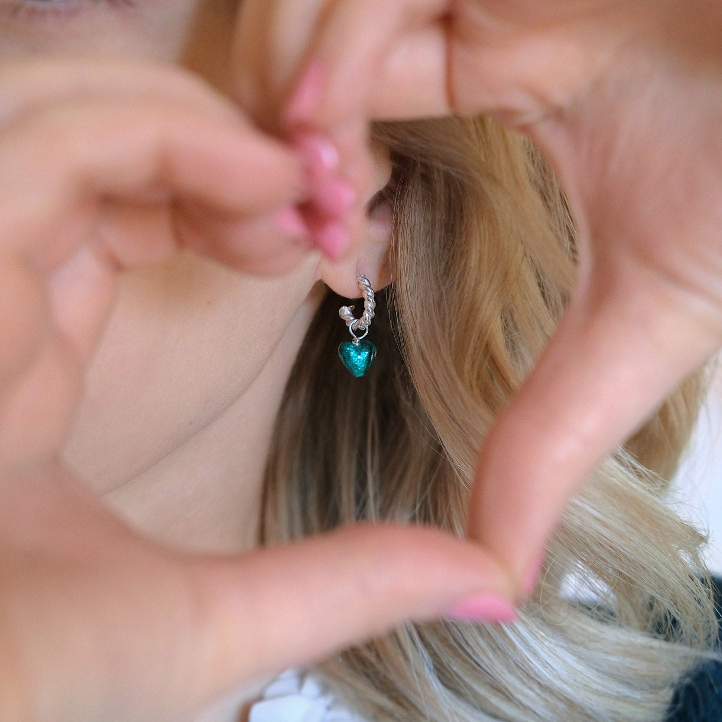 Heart Hoops 'Love Mi Amorè - Teal/Sterling Silver